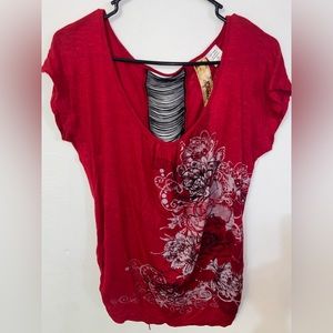 Live to be Spoiled Red Dressy Top - Black Glitter Flowers Size Medium